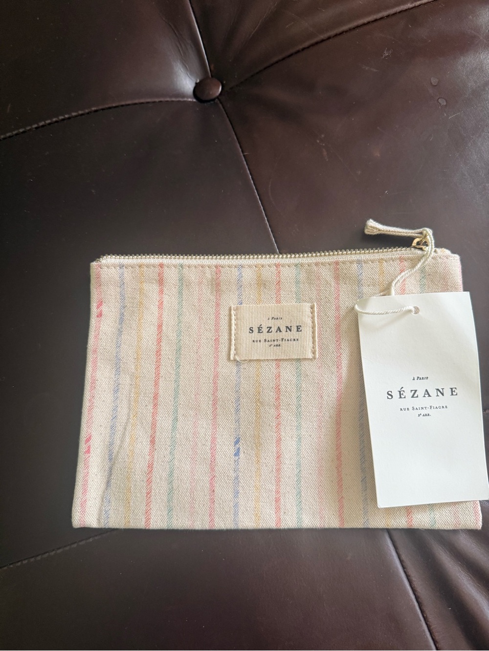 Sézane Cream Canvas Pouch with Pastel Stripe Accents